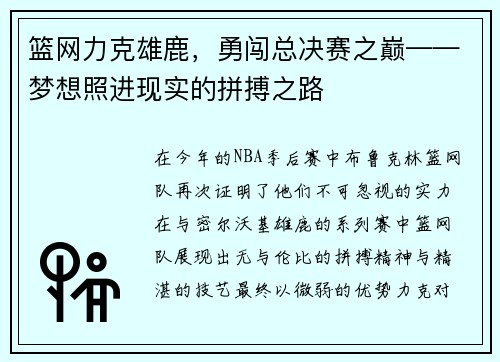 篮网力克雄鹿，勇闯总决赛之巅——梦想照进现实的拼搏之路