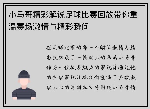 小马哥精彩解说足球比赛回放带你重温赛场激情与精彩瞬间